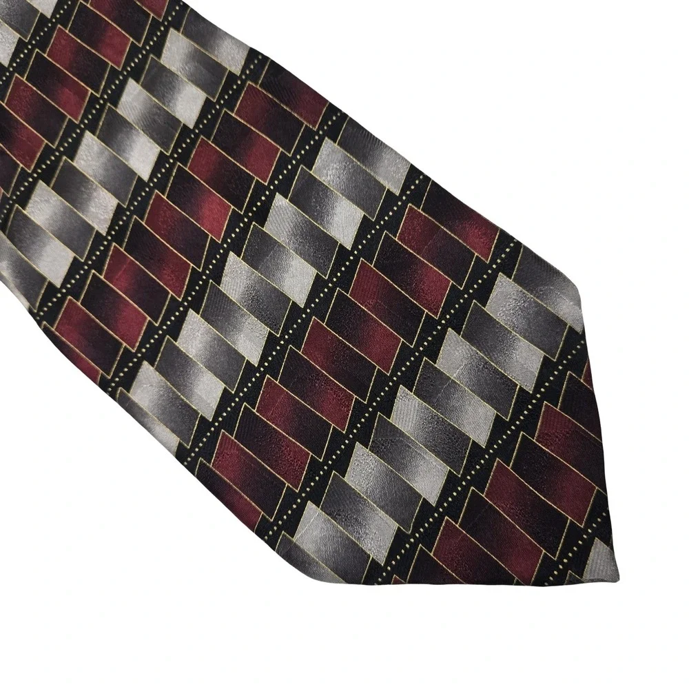 Mosaic Necktie Burgundy Silver Grey Geometric Silk Hand Made Korea Prom Hoco VTG